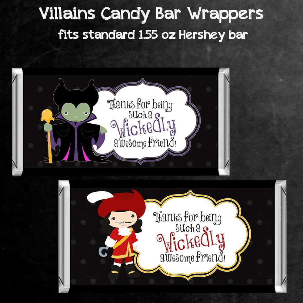 Party Favor Printables – Candy Bar Wrappers Featuring Disney Villains Maleficent & Captain Hook