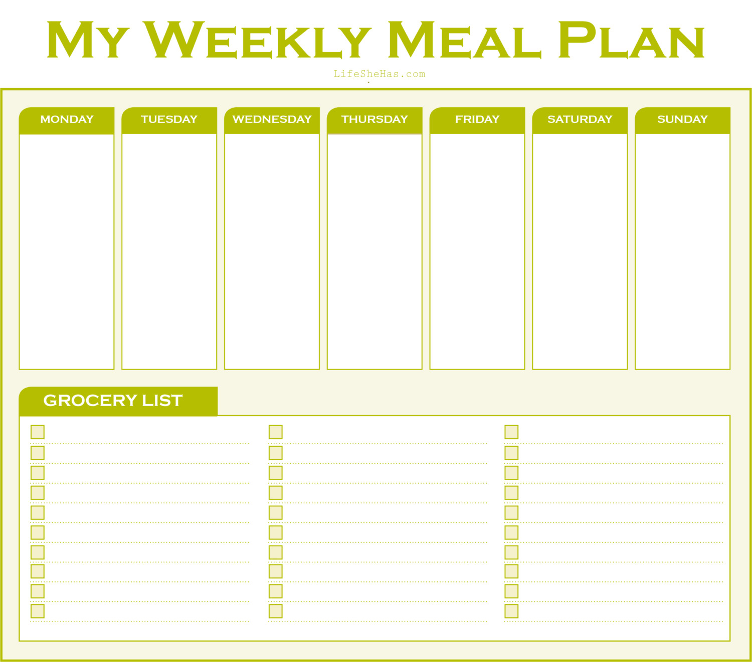 Printable - Weekly Meal Planner With Grocery List - Life She Has Inside Menu Planner With Grocery List Template