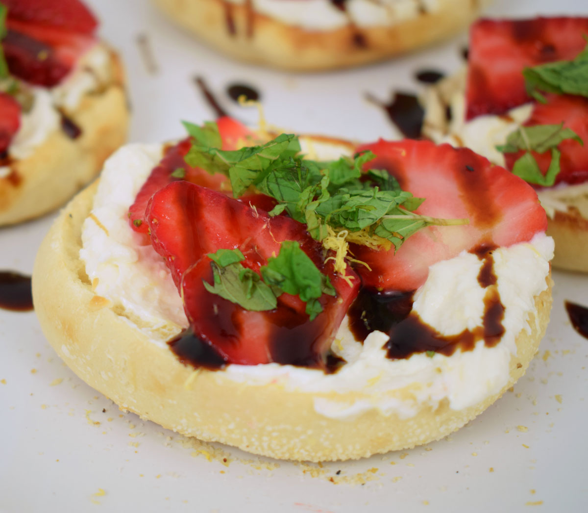 Sweet & Savory Strawberry Ricotta Balsamic English Muffin Bites