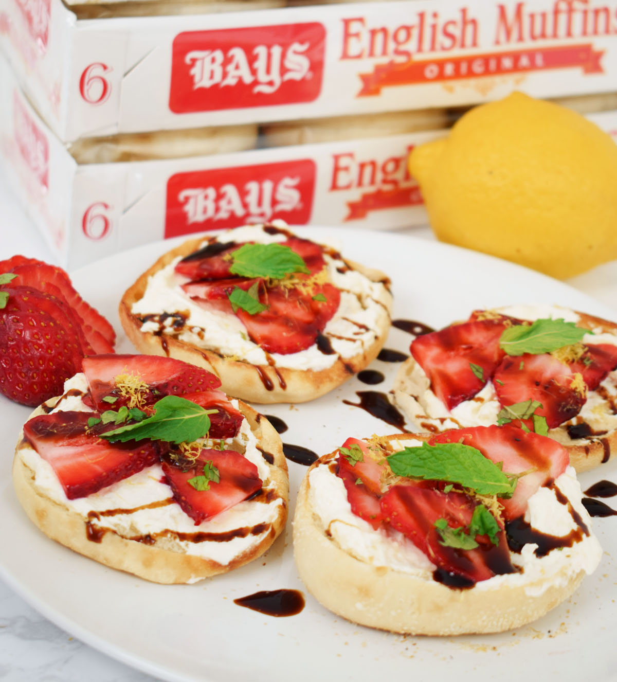 Sweet & Savory Strawberry Ricotta Balsamic English Muffin Bites