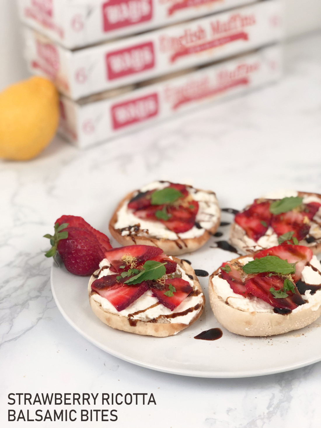 Sweet & Savory Strawberry Ricotta Balsamic English Muffin Bites